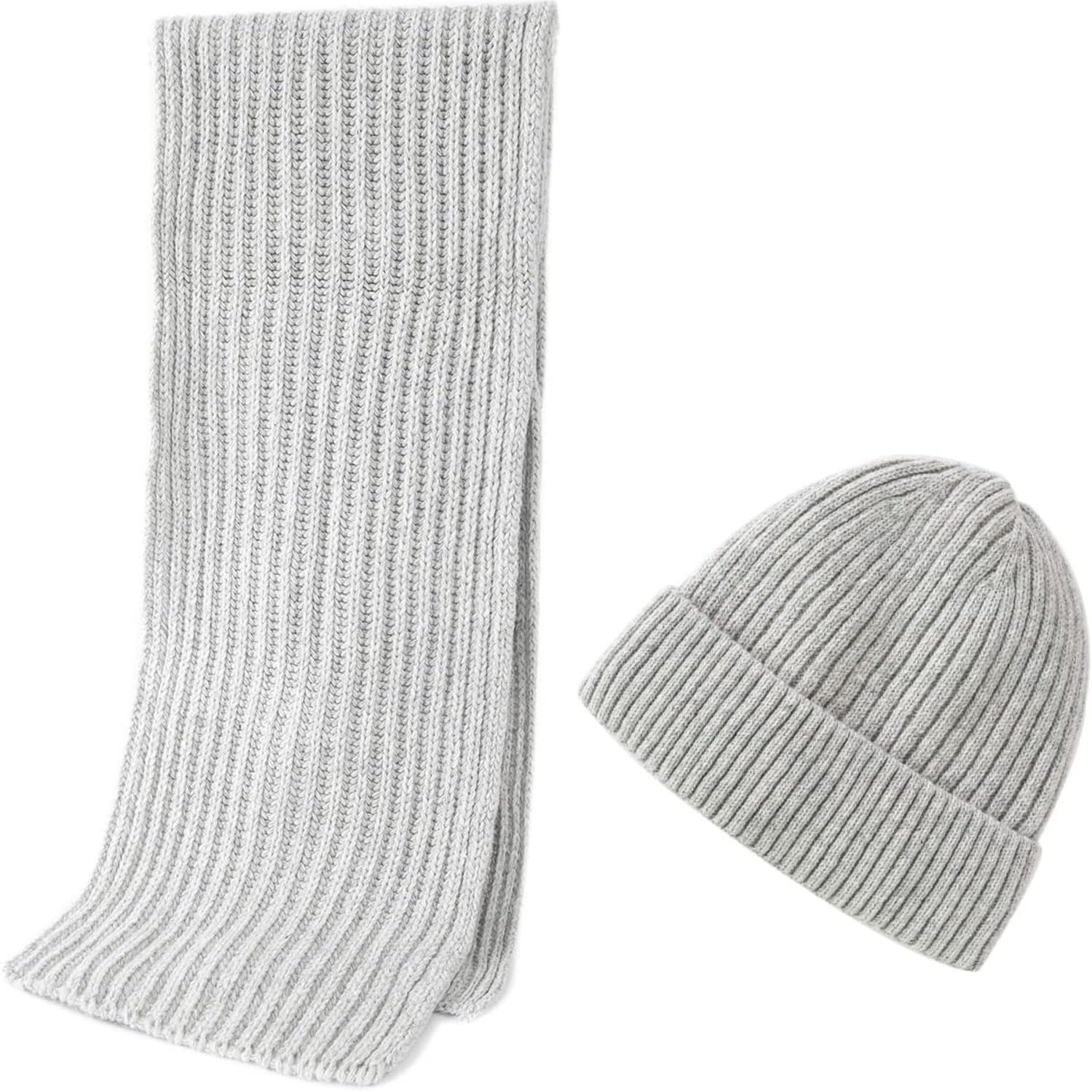 Merino Blend Ribbed Knit Beanie and Scarf Set