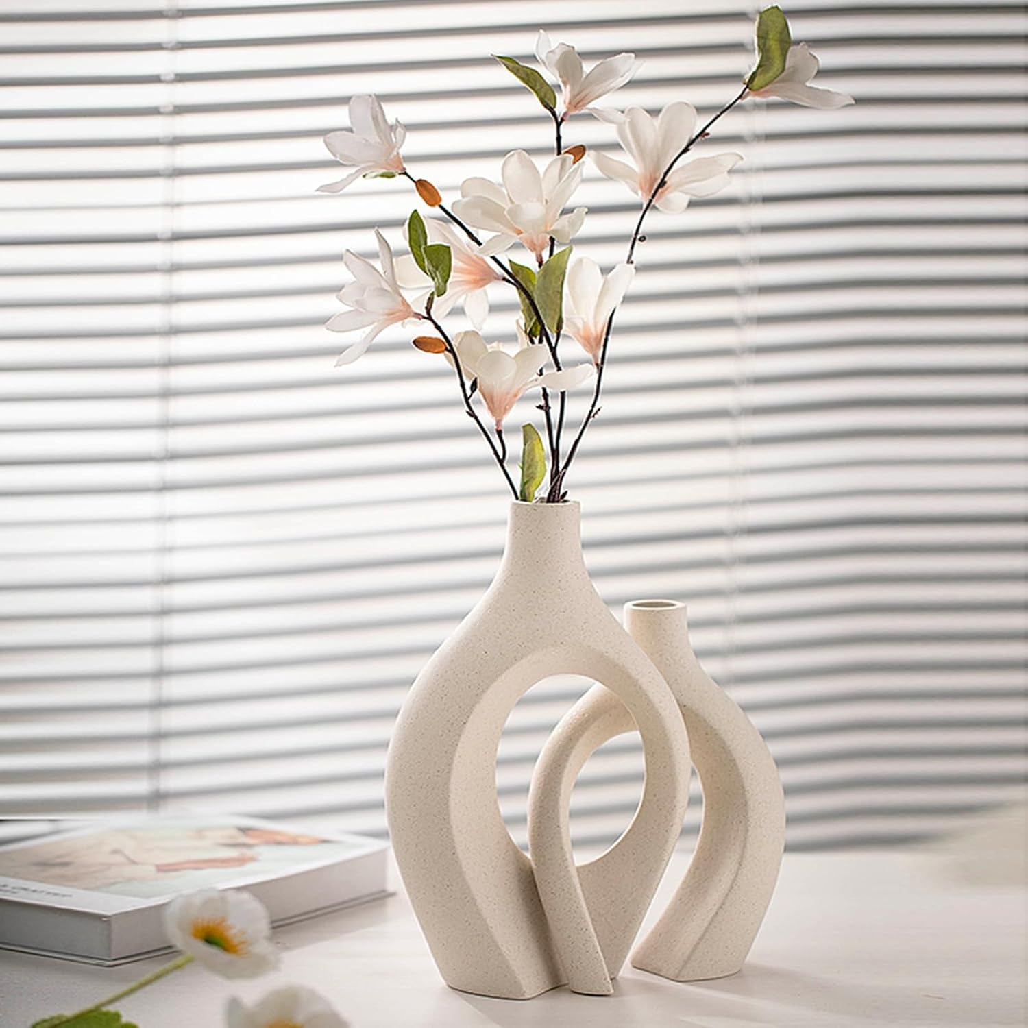 Beige Hollow Ceramic Vases, Set of 2