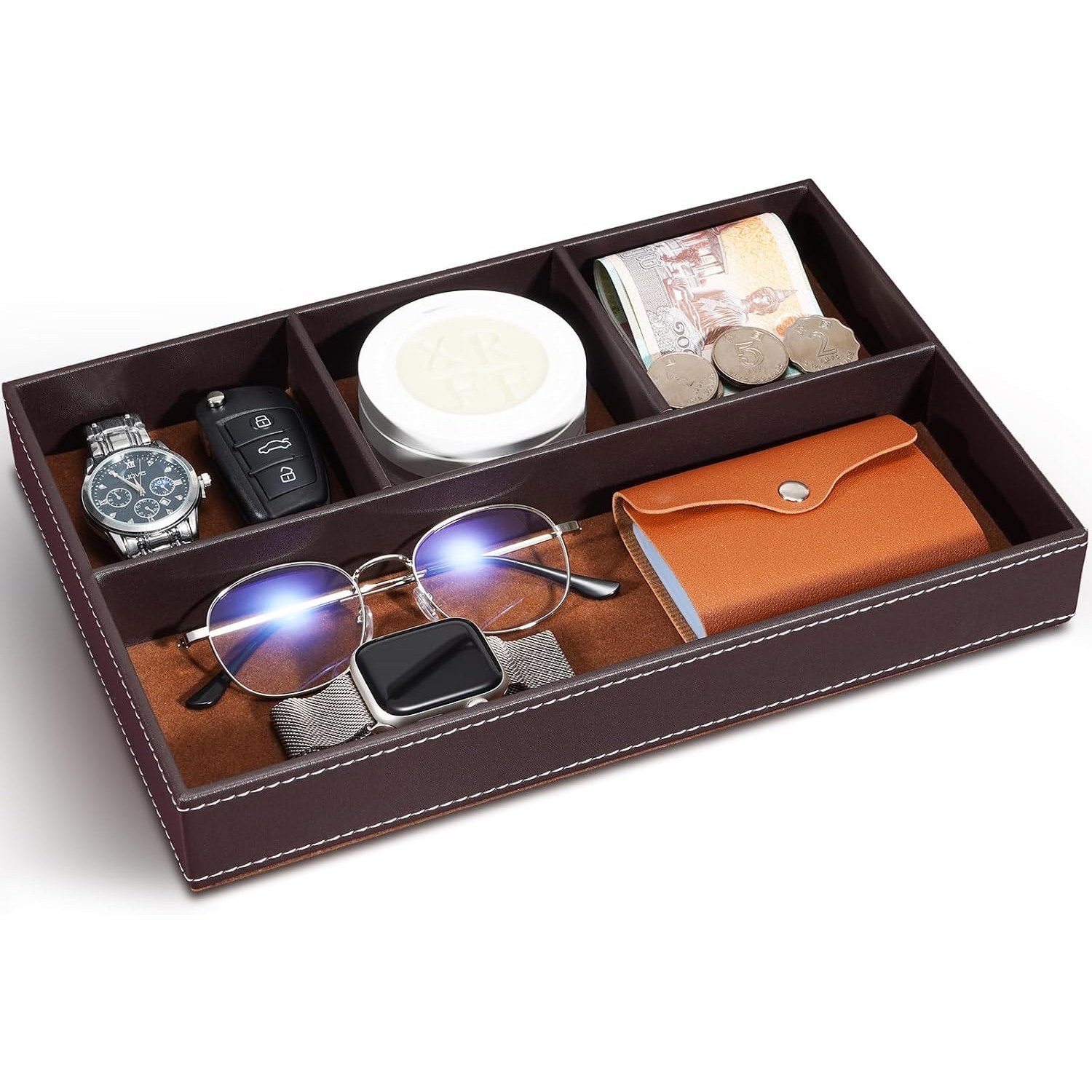 Faux Leather Valet Tray with Four Compartments