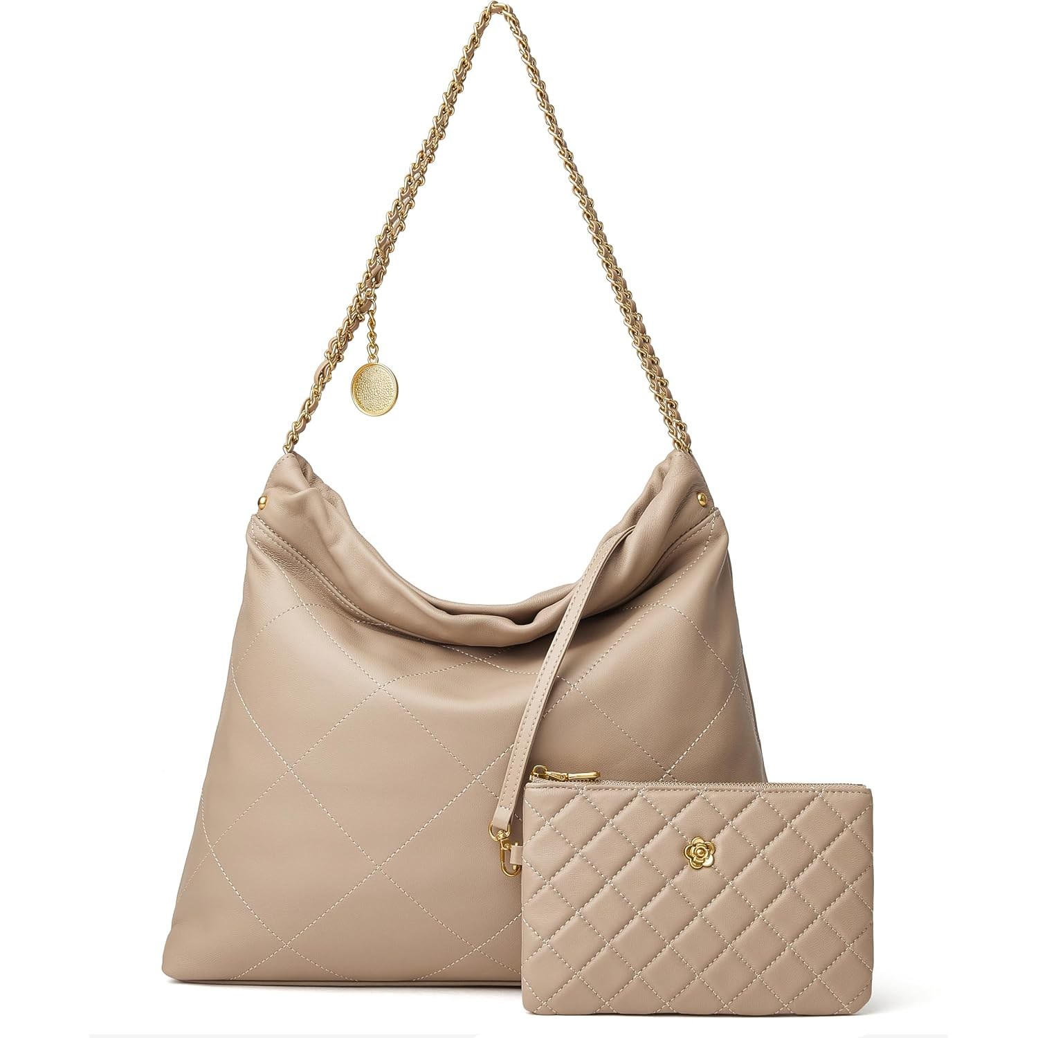 Quilted Lambskin Leather Tote Bag with Matching Zip Pouch
