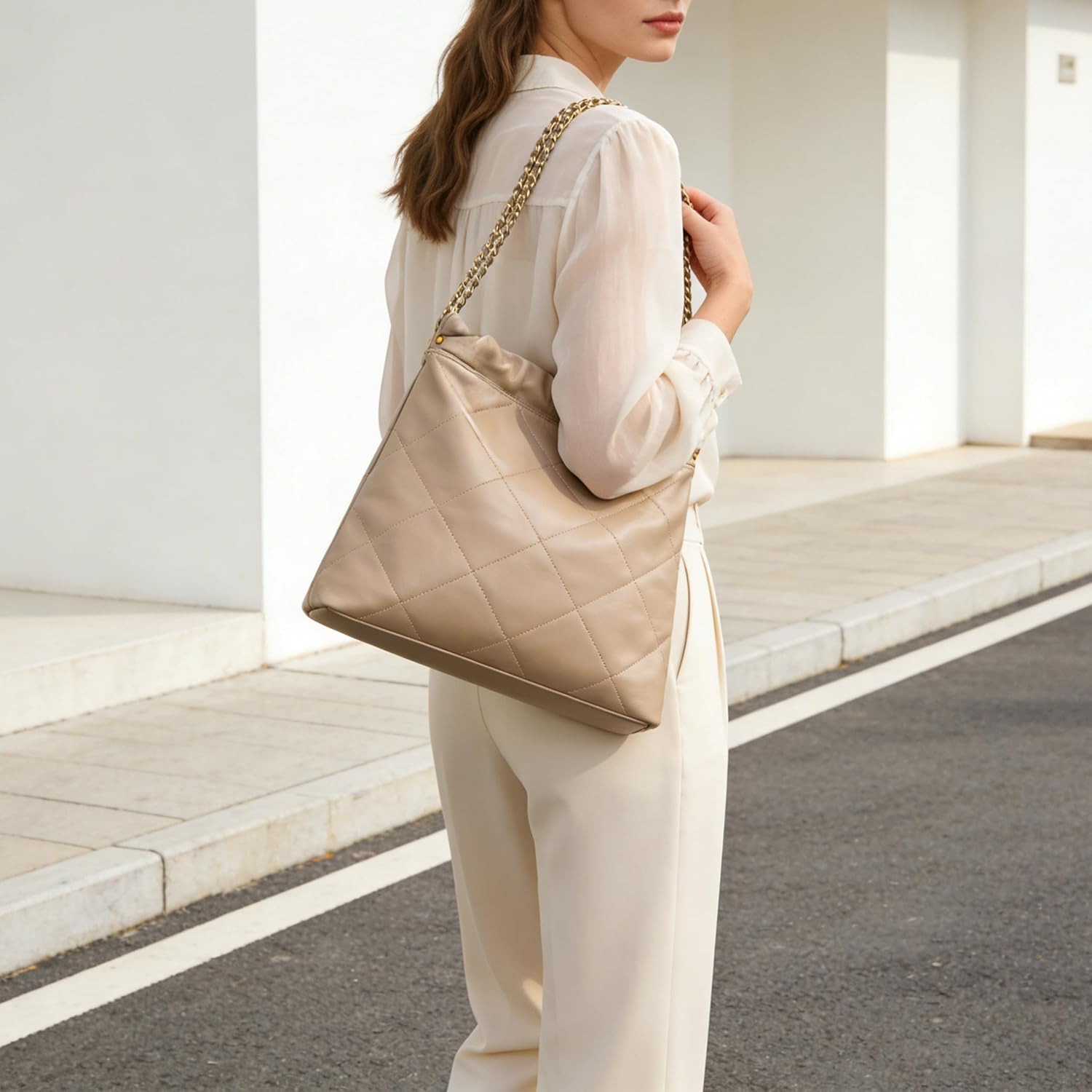 Quilted Lambskin Leather Tote Bag with Matching Zip Pouch: image 2
