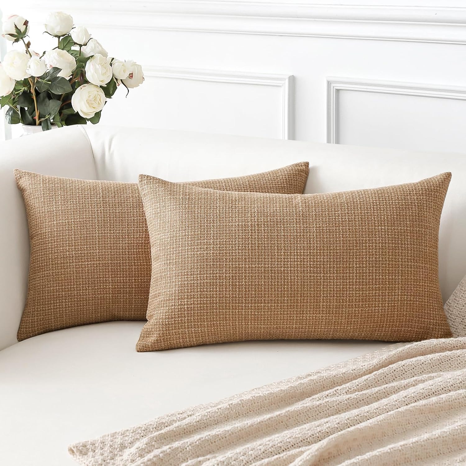 Light Brown Linen Look Cushion Covers 30 x 50 cm (Set of 2)
