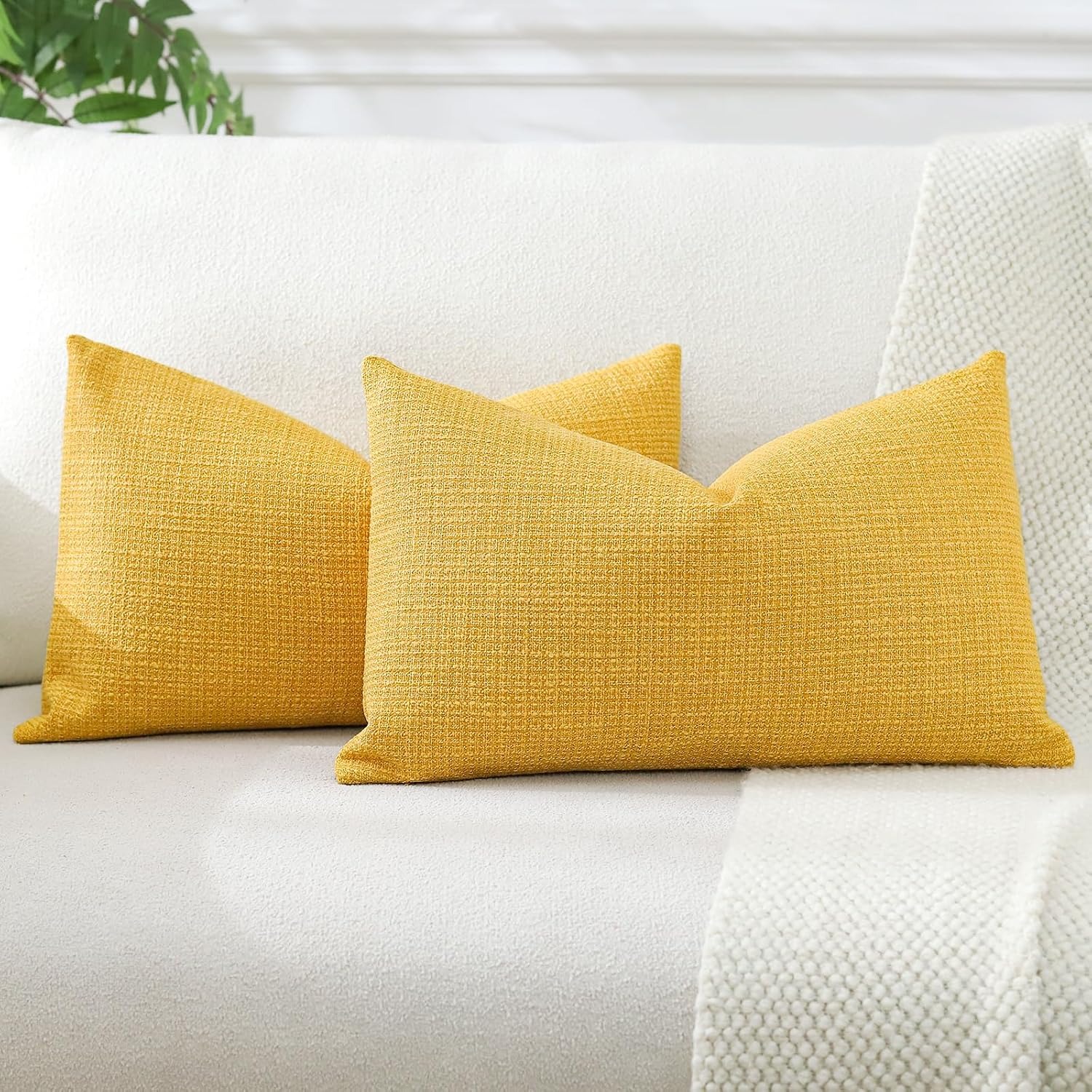 Linen Blend Lumbar Cushion Covers 30 x 50 cm (Set of 2, Yellow)