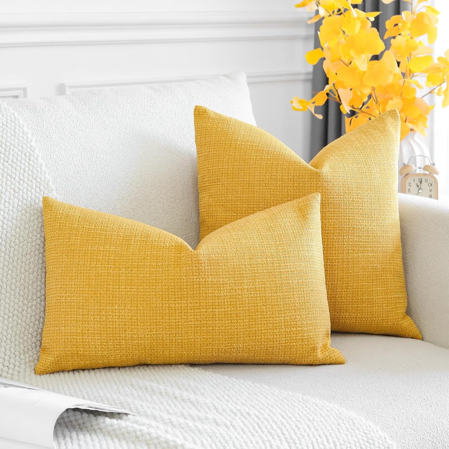 Linen Blend Lumbar Cushion Covers 30 x 50 cm (Set of 2, Yellow)
