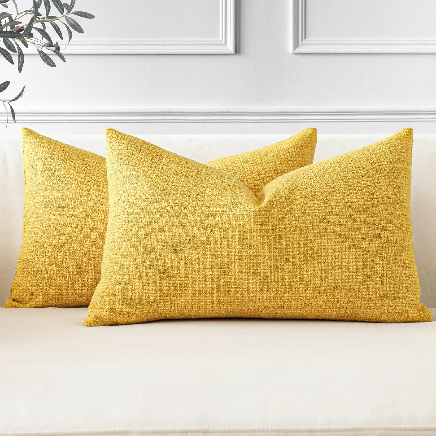 Linen Blend Lumbar Cushion Covers 30 x 50 cm (Set of 2, Yellow)
