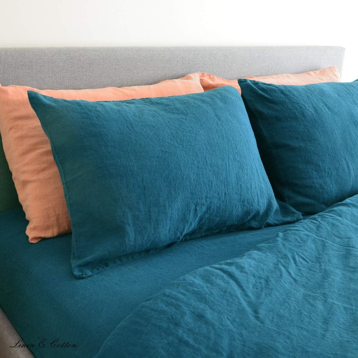 Stonewashed Pure Linen Cushion Cover 50 x 70 cm, Petrol Blue: image 2