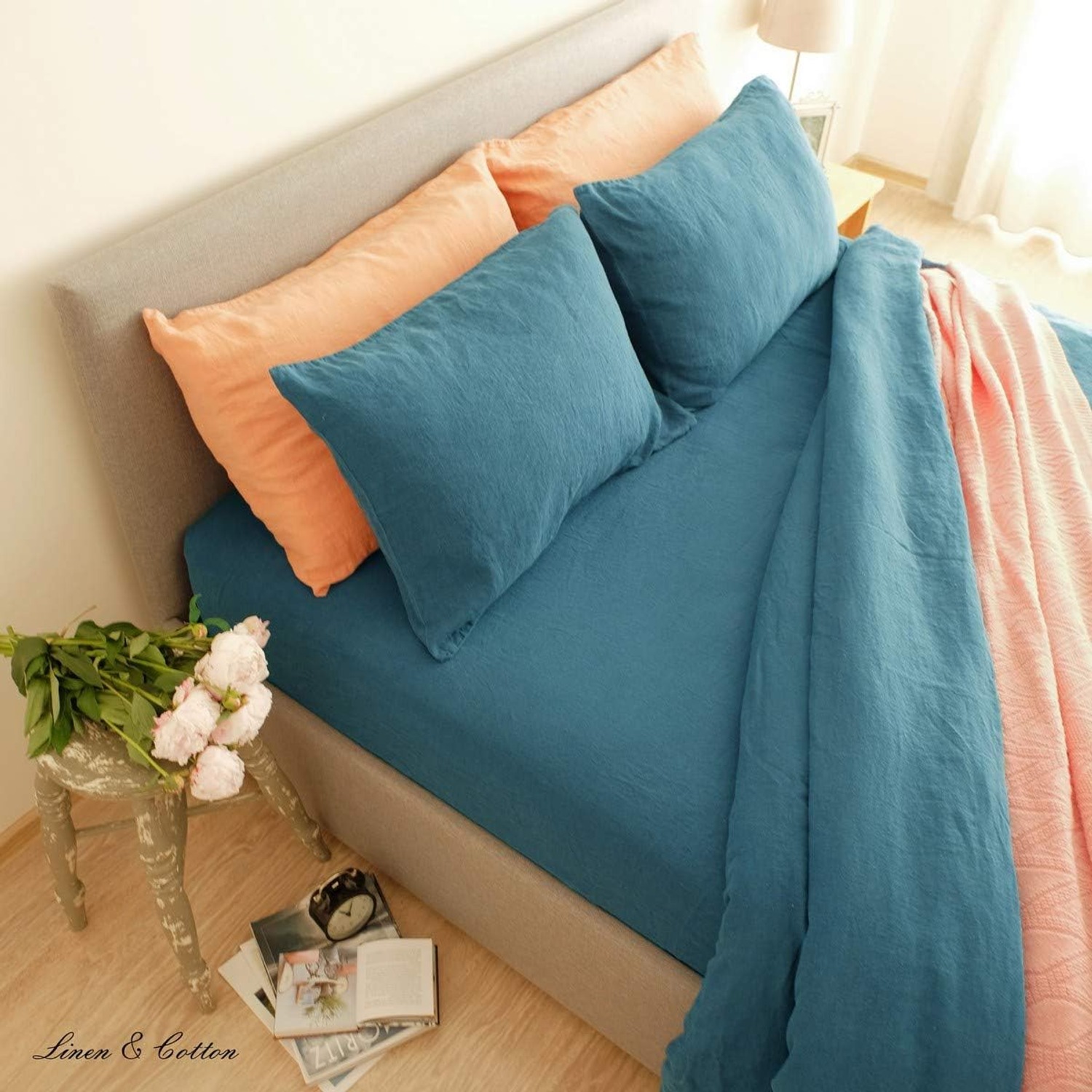 Stonewashed Pure Linen Cushion Cover 50 x 70 cm, Petrol Blue: image 4
