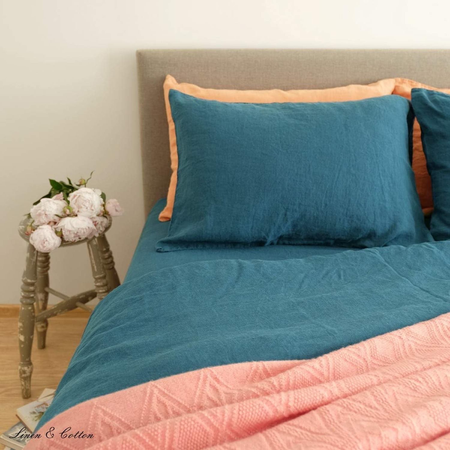 Stonewashed Pure Linen Cushion Cover 50 x 70 cm, Petrol Blue