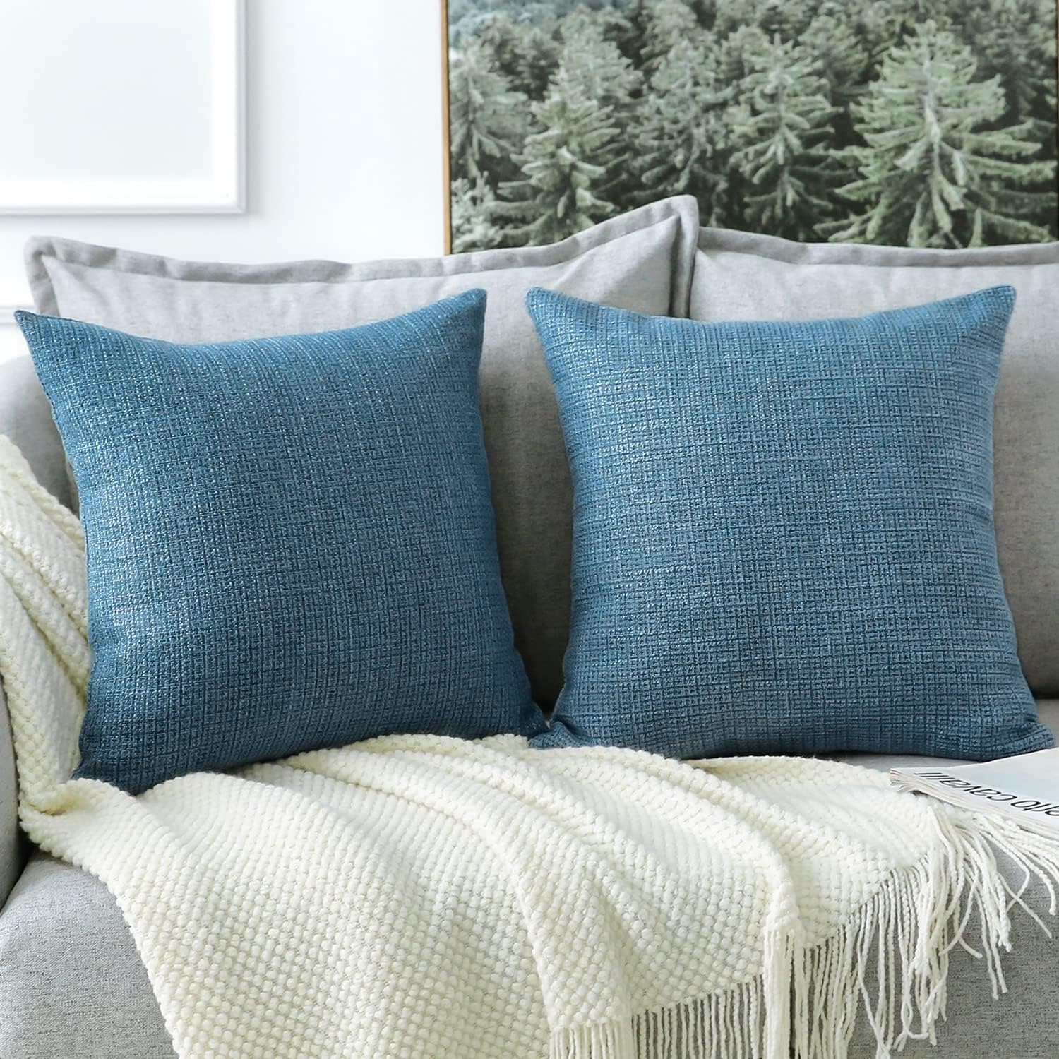 Linen Look Cushion Covers 50 cm (Set of 2, Blue): image 5