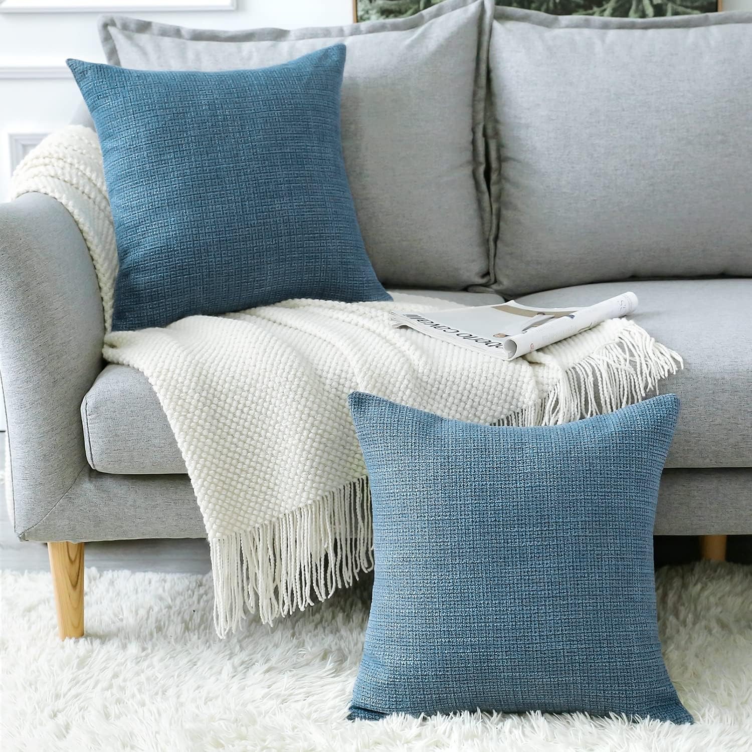 Linen Look Cushion Covers 50 cm (Set of 2, Blue): image 6