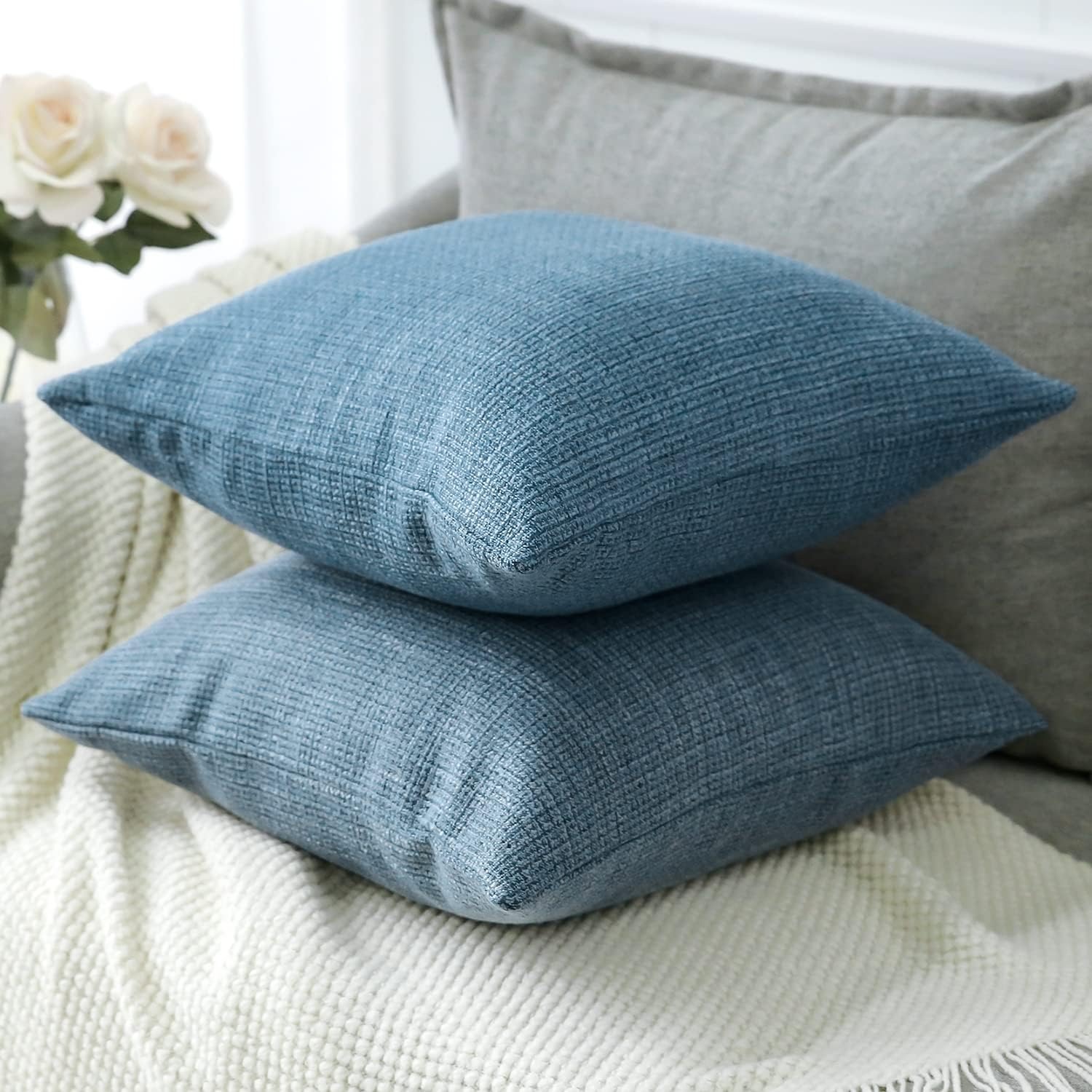 Linen Look Cushion Covers 50 cm (Set of 2, Blue): image 7