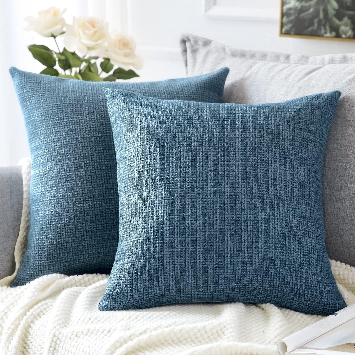 Linen Look Cushion Covers 50 cm (Set of 2, Blue)