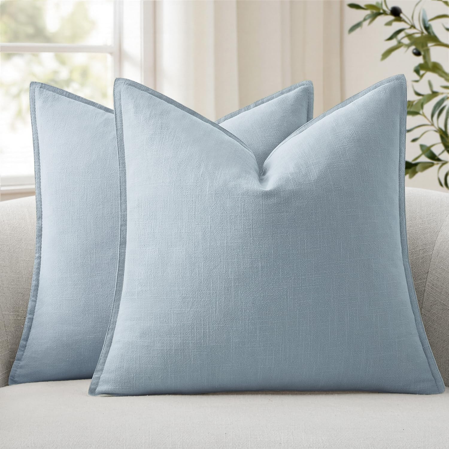 Ramie Cotton Euro Sham Cushion Covers, Light Blue, 61 cm, Set of 2