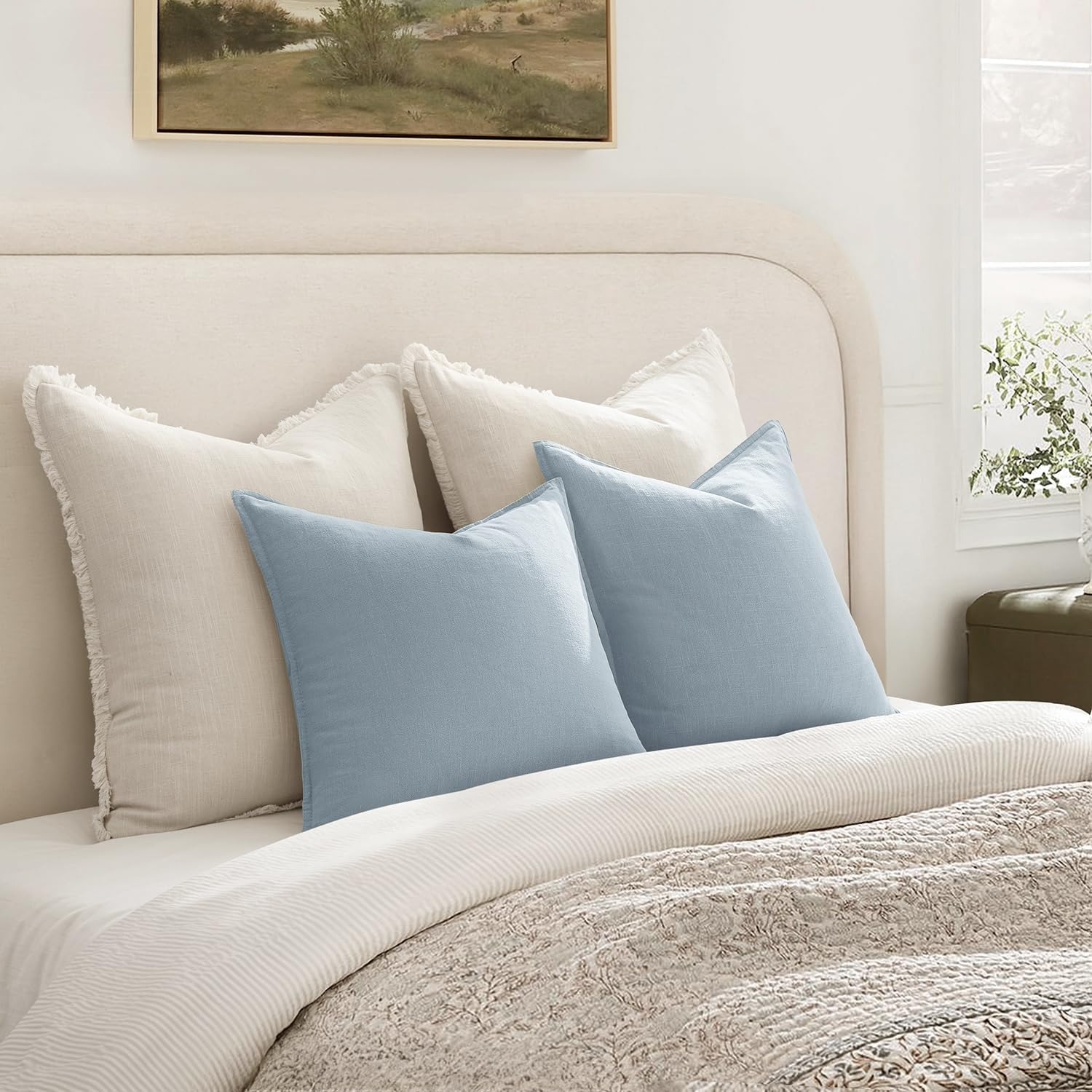 Ramie Cotton Euro Sham Cushion Covers, Light Blue, 61 cm, Set of 2: image 3