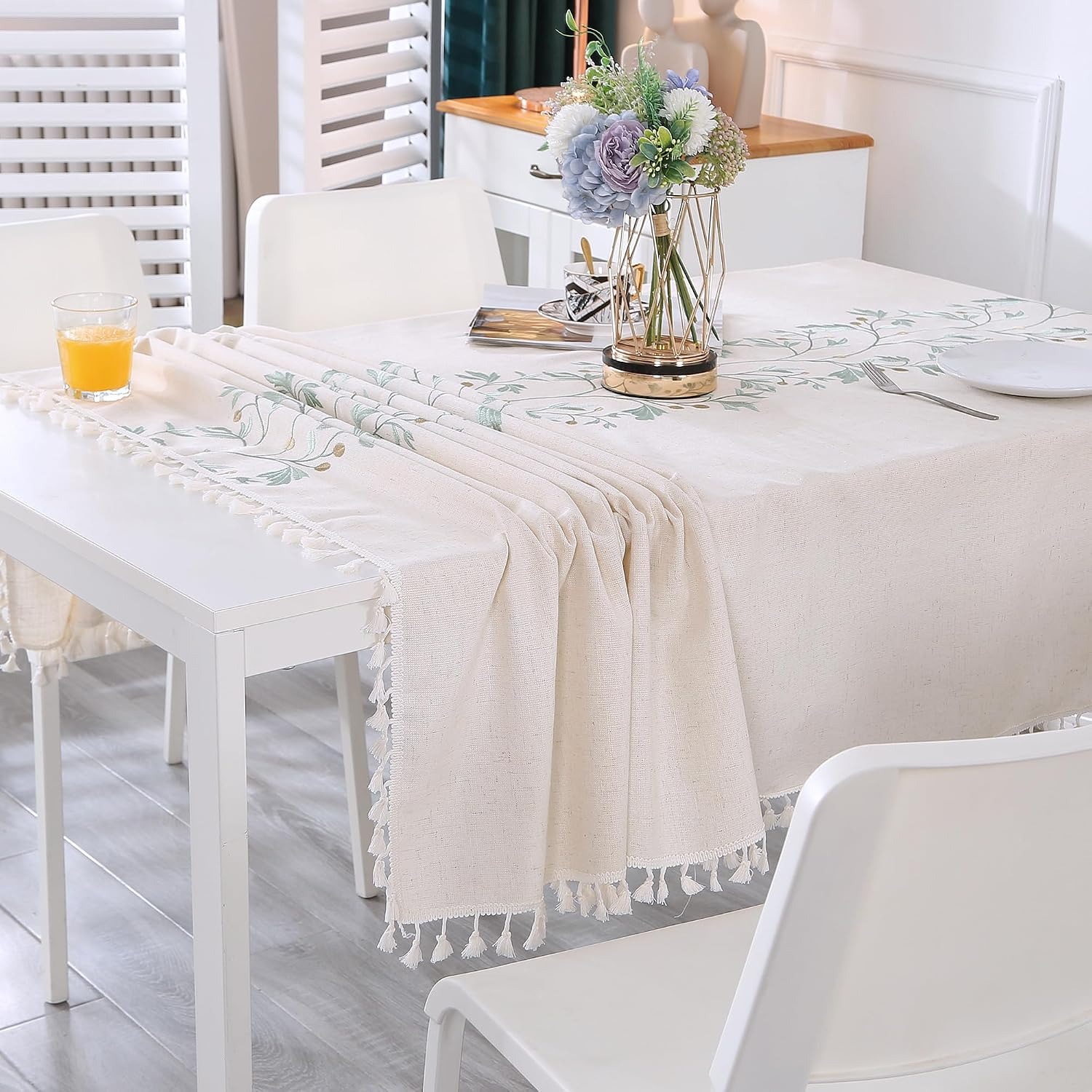 Embroidered Cotton Linen Tablecloth, Beige with Green Leaves and Tassels, 140 x 300 cm