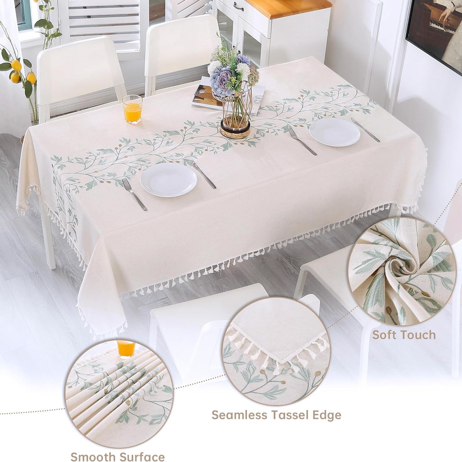 Embroidered Cotton Linen Tablecloth, Beige with Green Leaves and Tassels, 140 x 300 cm