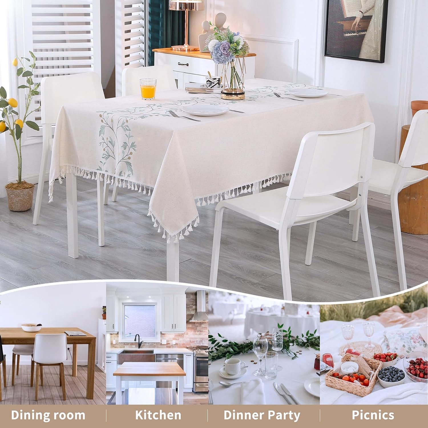 Embroidered Cotton Linen Tablecloth, Beige with Green Leaves and Tassels, 140 x 300 cm