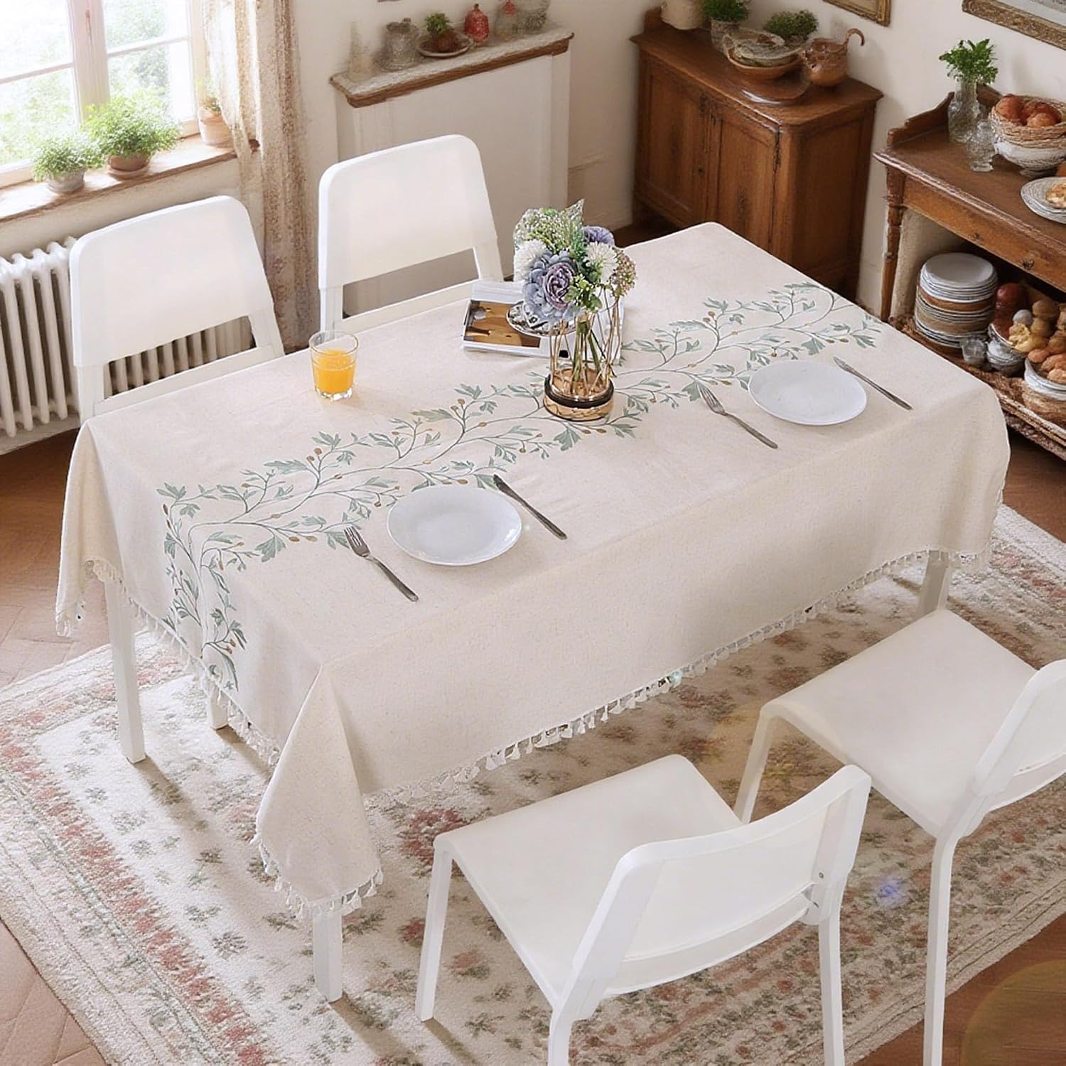 Embroidered Cotton Linen Tablecloth, Beige with Green Leaves and Tassels, 140 x 300 cm: image 7