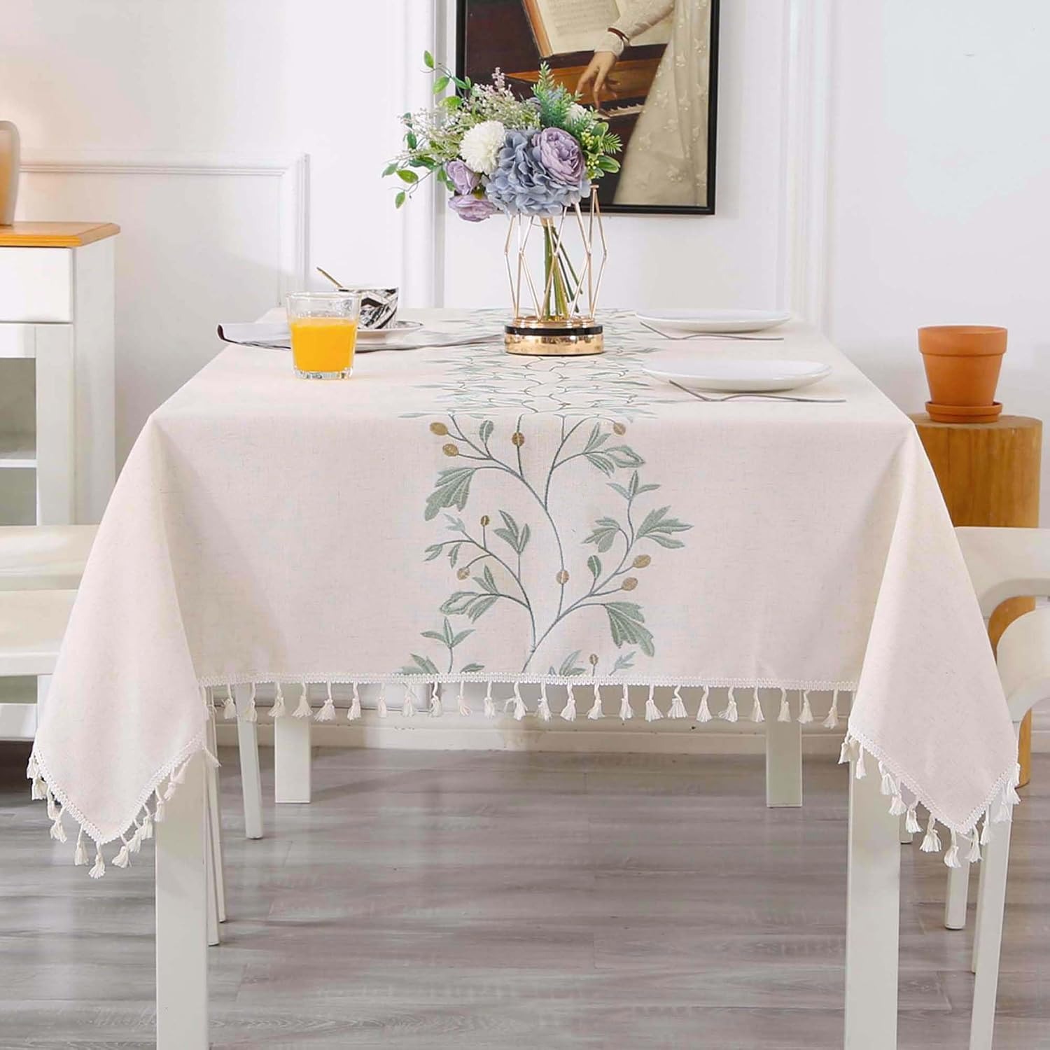 Embroidered Cotton Linen Tablecloth, Beige with Green Leaves and Tassels, 140 x 300 cm