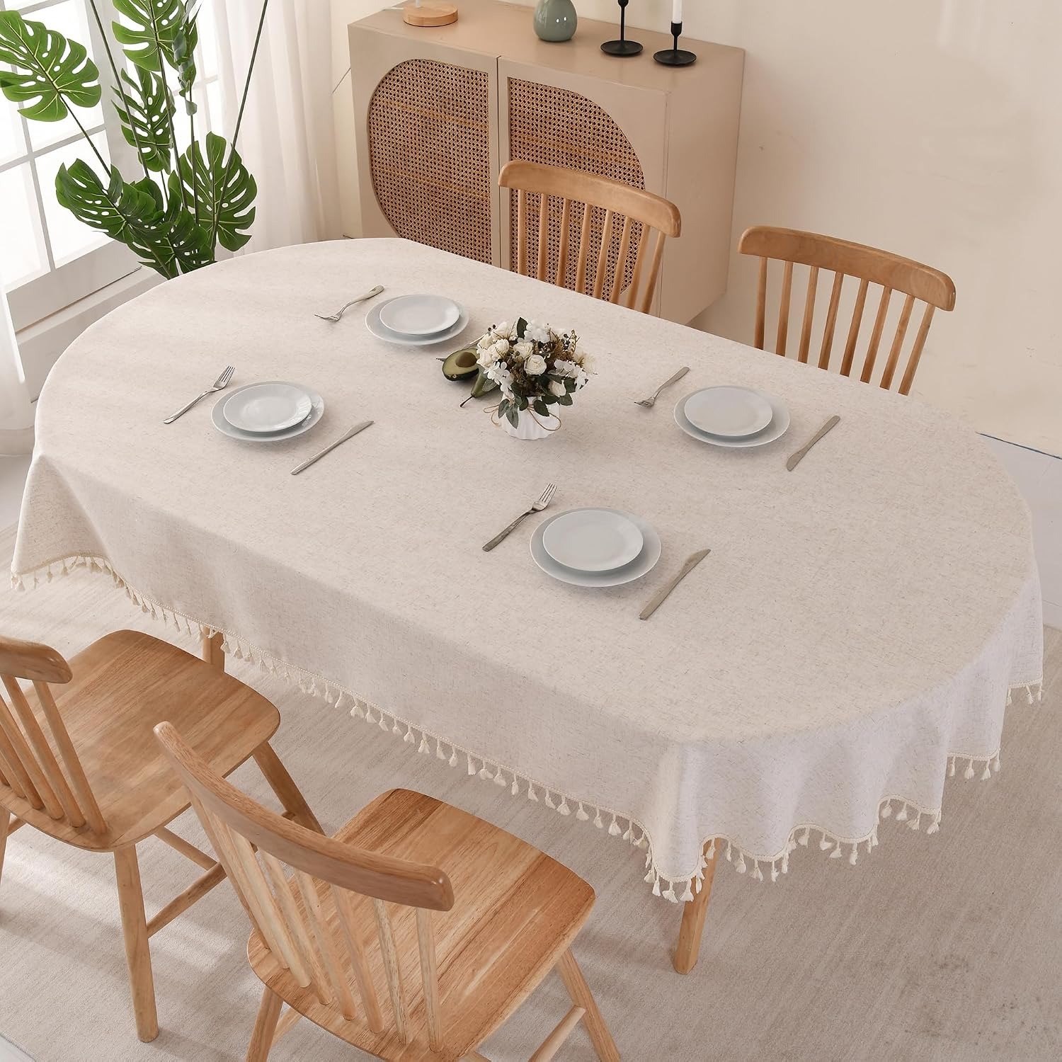 Beige Oval Cotton Linen Tablecloth with Tassel Trim