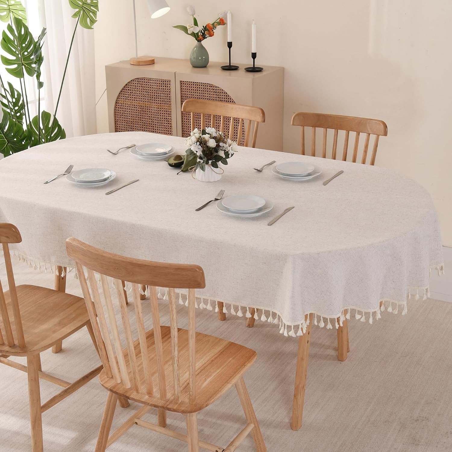 Beige Oval Cotton Linen Tablecloth with Tassel Trim: image 2