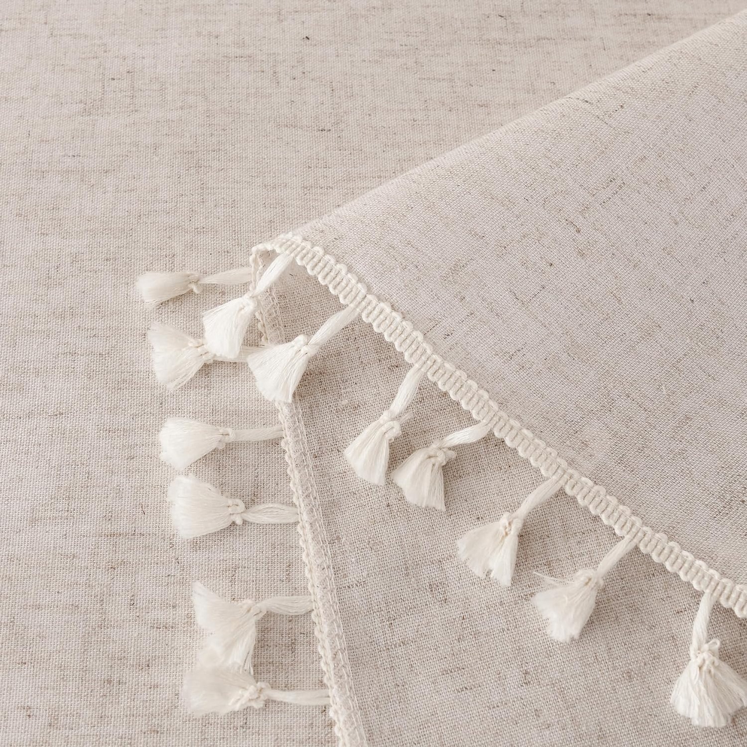 Beige Oval Cotton Linen Tablecloth with Tassel Trim: image 4