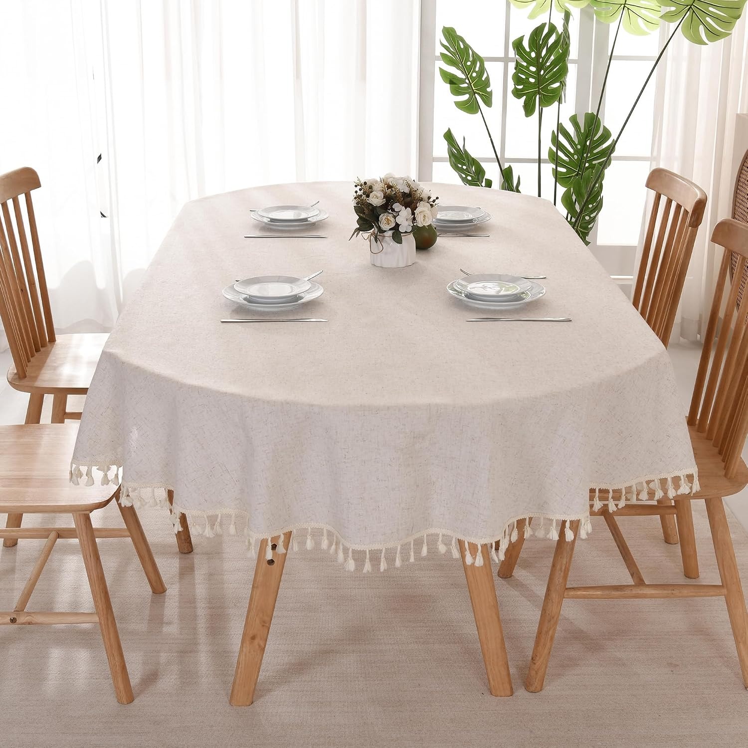 Beige Oval Cotton Linen Tablecloth with Tassel Trim: image 5
