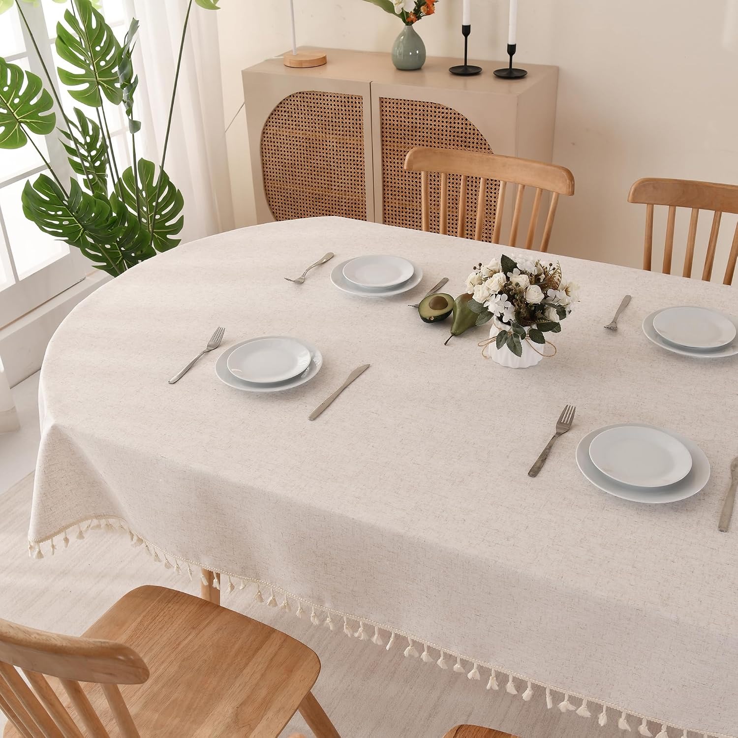 Beige Oval Cotton Linen Tablecloth with Tassel Trim: image 6