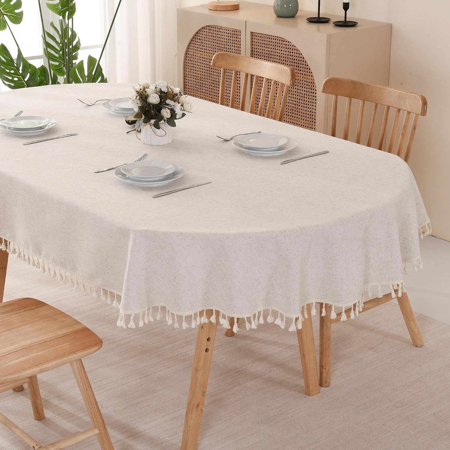 Beige Oval Cotton Linen Tablecloth with Tassel Trim: image 7