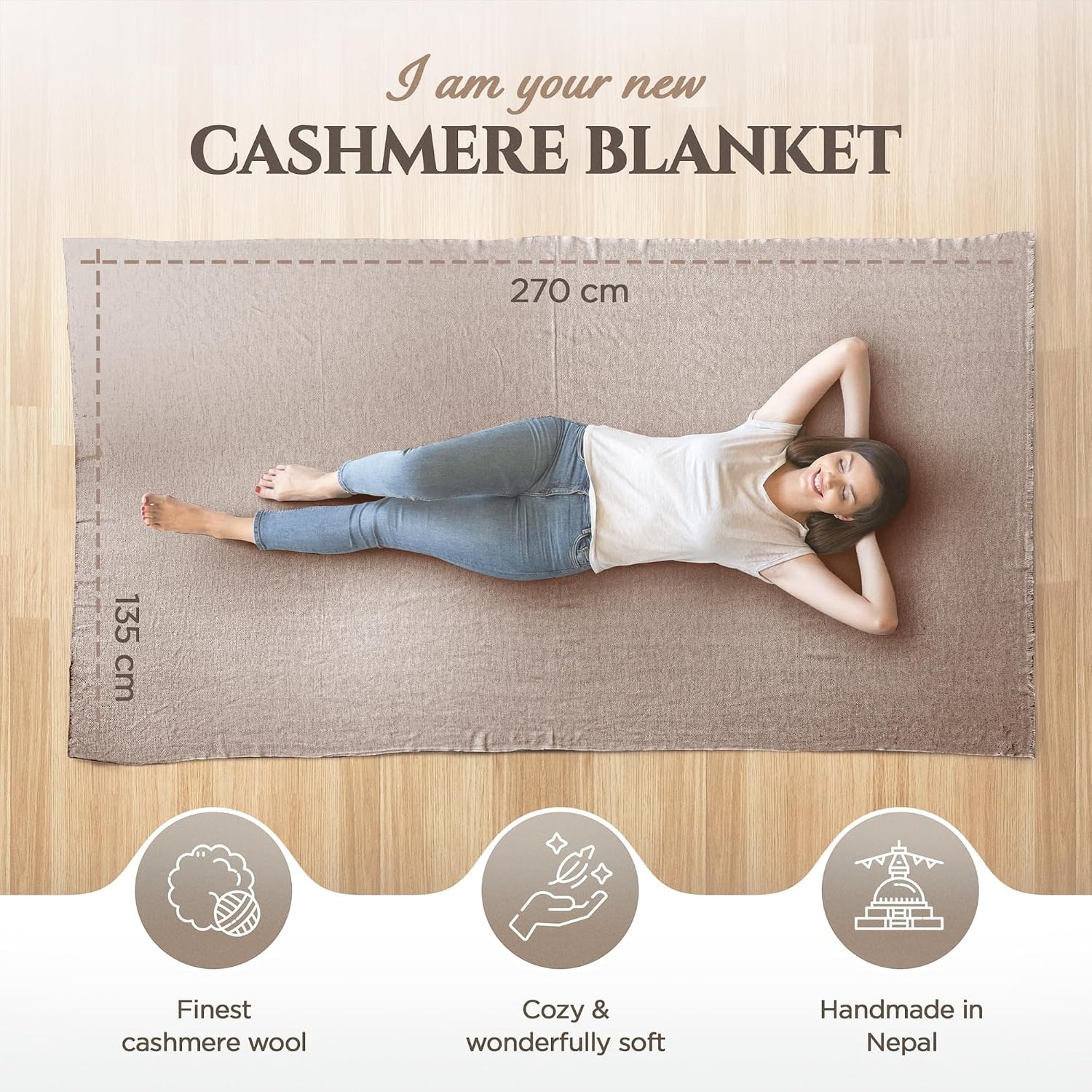 Handwoven Pure Cashmere Throw 135 x 270 cm
